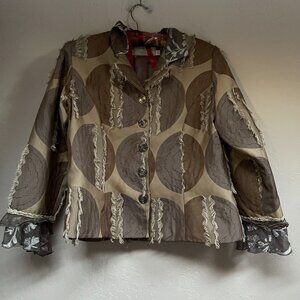 Vintage Taylor G Dallas Womens Raw Ruffle Embroidered Trim Blazer Medium Brown
